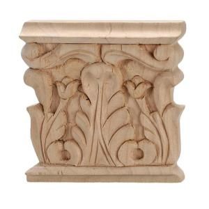 American Pro Decor 3 7/8 in. x 3 3/4 in. x 5/8 in. Unfinished Hand Carved Solid American Alder Acanthus Wood Onlay Capital Wood Applique 5APD10433