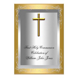 Boy First Holy Communion Silver Gold Cross Personalized Invitation