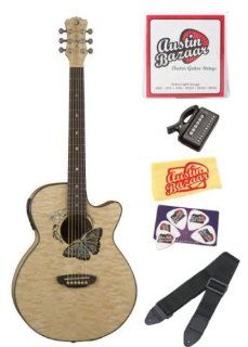 Luna Fauna Series Butterfly Cutaway Acoustic Electric Guitar Bundle with Tuner, Strings, Strap, Pick Card, and Polishing Cloth   Natural Musical Instruments