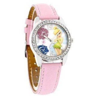 Disney Tinker Bell Ladies Crystal Flower Pink Leather Quartz Watch TNK459 Watches