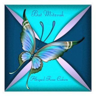 Purple Teal Blue Butterfly Bat Mitzvah Custom Invitations