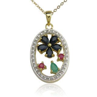 18k Yellow Gold Plated Sapphire Flower with Ruby, Emerald and Diamond Accent Pendant Necklace Jewelry