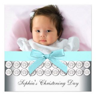 Teal Blue Photo Baby Girl Christening Personalized Invitation