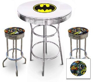 Batman Bat Signal Logo Glass Top Chrome Metal White Bar Pub Table Set with 2 Swivel Bar Stools   Home Bars
