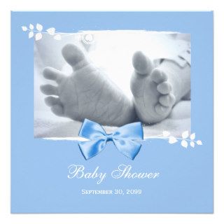 Elegant Boy Baby Shower Baby Feet With Blue Bow Custom Announcement