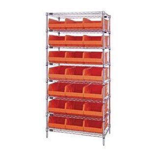 Wire Shelf Unit, 36"W X 18"D X 74"H, With 21 Ssb465 Stackable Shelf Bins, Orange   Open Home Storage Bins