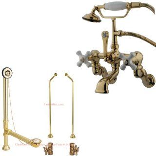 Polished Brass Wall Mount Clawfoot Tub Faucet Package w Drain Supplies Stops CC465T2system   Bathtub Faucets  