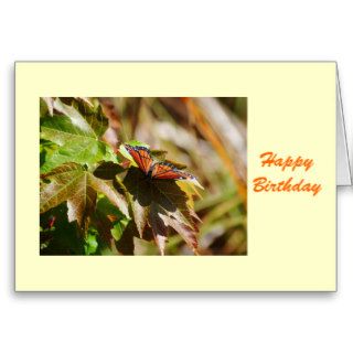 Happy Birthday, butterfly on leaf Greeting Card
