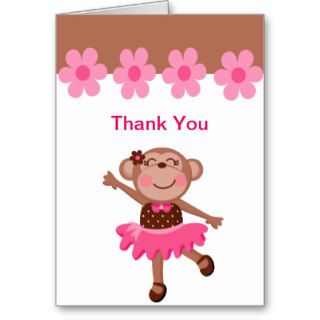 Pink & Brown Monkey Dancing in Tutu Girl Thank You Greeting Cards