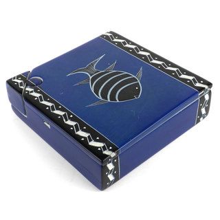 Handcarved Soapstone Square Locking Box   Blue Fish (Kenya) Global Crafts Jewelry Boxes