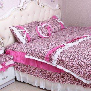 DIAIDI, Korean Style, Pink Leopard Bedding Sets, Princess Ruffle Duvet Cover Set, Queen, 4Pcs   Bed Skirts