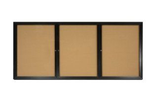 Enclosed Cork Bulletin Board, 8 x 4 Feet, 3 Doors, 96" x 48" Indoor Corkboard with Wall mounting Z bar Bracket, Black Aluminum Frame 