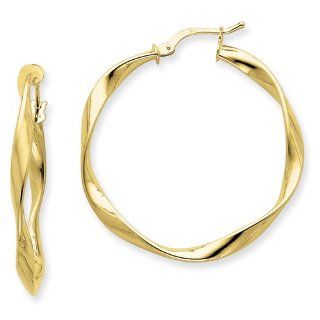 Genuine 14k Yellow Gold 3x30mm Polished Twist Round Hoop Earrings 2.2 Grams of Gold Mireval Jewelry