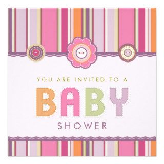 Retro Stripes Buttons Pink Baby Shower invitation