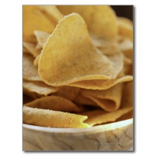 Tortilla chips in wooden bowl post cards