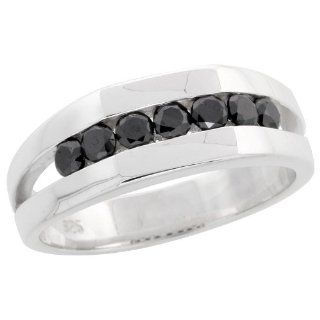 Sterling Silver Seven Stone Miracle Diamond Ring Band w/ Brilliant Cut (0.72 Carat) Black Diamonds, 9/32" (7mm) wide, size 8 Jewelry