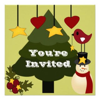 Cute Christmas Party Invitation Tree Snowman Stars