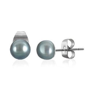 E465 E465 6.5mm Stainless Steel Classic Blue Grey Pearl Beads Stud Earrings (E465) Jewelry
