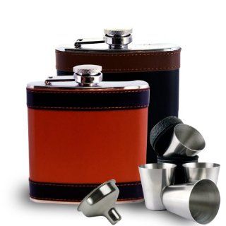 Leather Wrapped 6 oz and 8 oz Stainless Steel Flask with Funnel and Four Shot Glasses Alcohol And Spirits Flasks Kitchen & Dining