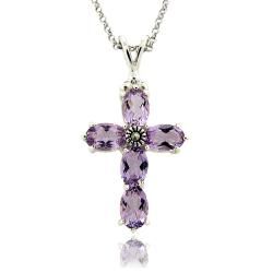 Dolce Giavonna Sterling Silver Marcasite and Amethyst Cross Necklace Dolce Giavonna Gemstone Necklaces