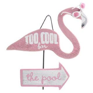 Package of 6 Wacky Vintage Look Wood and Wire Pink Flamingo Ornament Sign Is "Too Cool for the Pool".   Use for Gifts, Decor and More