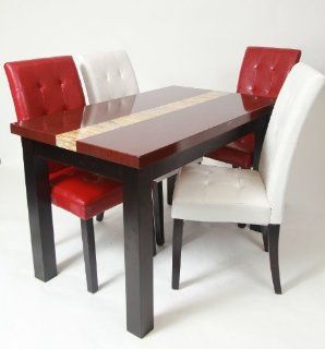 5 Piece Artificial Burgundy Marble Dining Set , Table with 2 Red & 2 White Stitches Chairs Home & Kitchen