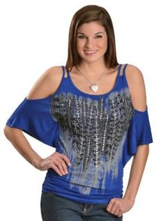 Panhandle Slim Women's Metallic Sequin Feather Cut Out Shoulder Top Blue Small