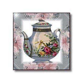 3dRose dpp_37380_1 Victorian Flower Teapot on Blue/Pink Floral Background Wall Clock, 10 by 10 Inch  