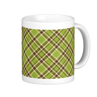 Earthy Brown and Green Diagonal Plaid Coffee Mugs