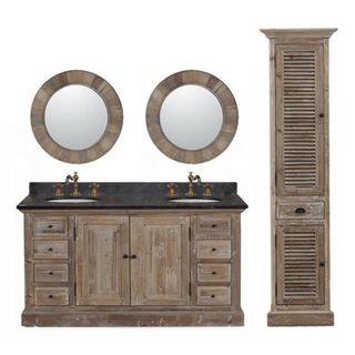 Legion Furniture Marble Top 60 inch Double Sink Rustic Style Bathroom Vanity With Matching Dual Wall Mirrors And Linen Tower Black Size Double Vanities