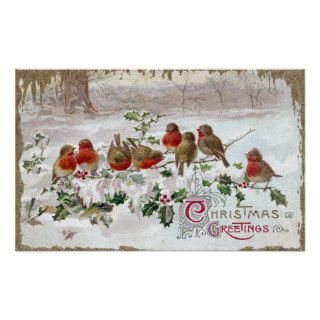 Eight English Robins on Holly Vintage Christmas Print