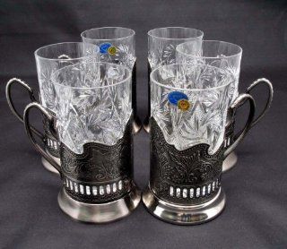 Combination 6 Russian CUT Crystal Drinking Tea Glasses W/metal Glass Holders "Podstakannik" for Hot or Cold Liquids Kitchen & Dining