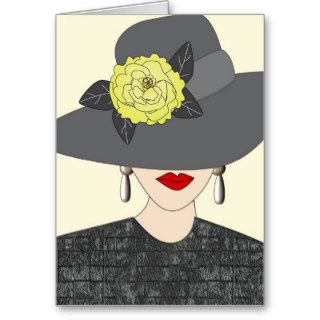 Lady with peony flower and chic had graphic art greeting cards