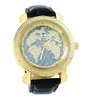 World Map Mens Diamond Watch 50mm Bezel Gold Tone Black Leather Strap Watches