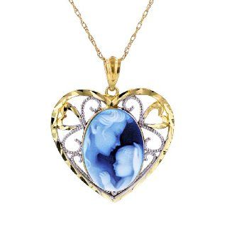 14K Yellow Gold Blue Agate Cameo Pendant W/ 18" Chain Depicting Mother Holding Child Jewelry