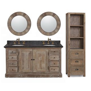 Legion Furniture 60 inch Marble Top Double Sink Rustic Bathroom Vanity With Matching Daul Wall Mirrors And Linen Tower Black Size Double Vanities