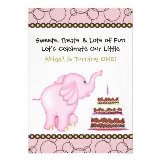Pink Elephant First Birthday Invitation for Girls