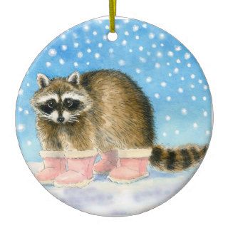 Raccoon in pink boots Christmas or winter ornament