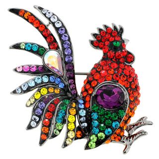 Silvertone Multi colored Crystal Rooster Brooch Brooches & Pins