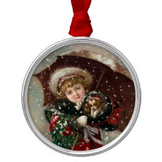 Cute Vintage Christmas Girl and dog in snow Ornaments