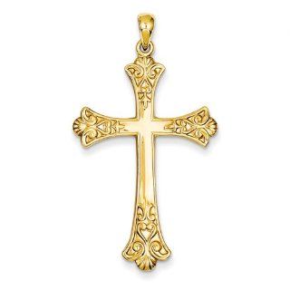 14k Yellow Gold Fleur De Lis Latin Cross Pendant. Metal Wt  2.4g Jewelry