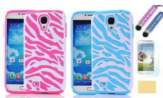 Tradekmk(TM) 2 Pieces Dual Layer Zebra Hard Soft Silicone Back Cases Covers for Samsung Galaxy S4 i9500, Free Stylus and Screen Protectors(Pink, Blue) Cell Phones & Accessories