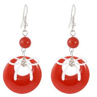 Red Plastic Circle Bead Pendant Fish Hook Earrings for Women Dangle Earrings Jewelry