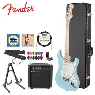 Starcaster by Fender JF 028 0002 504 KIT 4 Daphne Blue Electric Guitar with Stand, Strap, Strings, Case, DVD, Tuner, Pick Sampler, Cable and Amp Musical Instruments