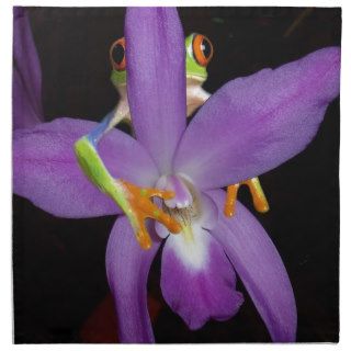 Frog_Hiding_Behind_Bright_Purple_Orchid,_ Napkins