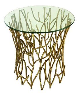 Italian Gold Iron Round Twig Accent Side Table with Glass Top   End Tables