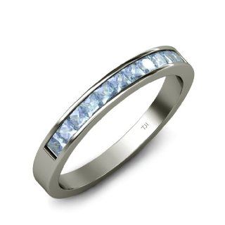 0.60cttw Natural Princess Shape Aquamarine 11 Stone Channel Set Wedding Band in Palladium. TriJewels Jewelry