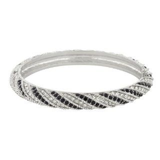 White Gold Rhodium Bonded Eternity Twisted Style Bangle with Clear and Black Cubic Zirconia Glitzs Jewelry