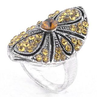 Yellow Rhinestone Decor Oval Shaped Retro Style Silver Tone Finger Ring for Lady US 6 3/4 Jewelry