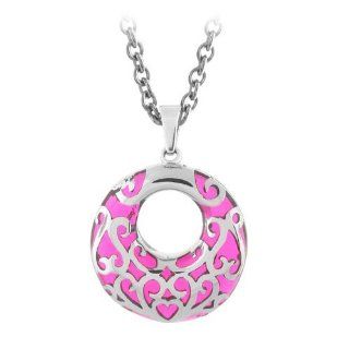 Inox Womens Intricate Florid Design Fuchsia Pink Resin and 316L Stainless Steel Pendant (Includes 20" Chain) Jewelry